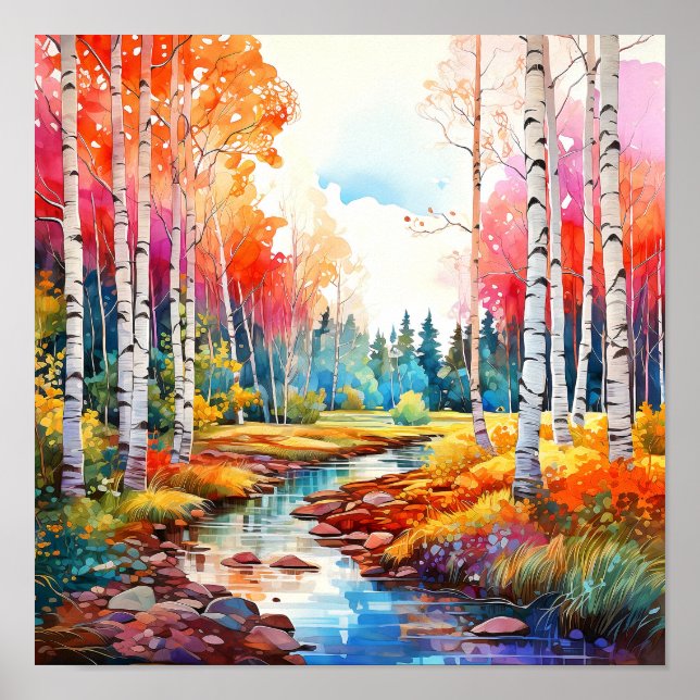 Birch Forest Vivid Colours Painting Poster (Front)