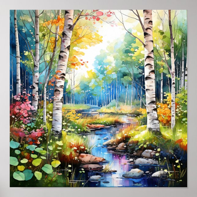 Birch Forest Vivid Colours Painting Poster (Front)