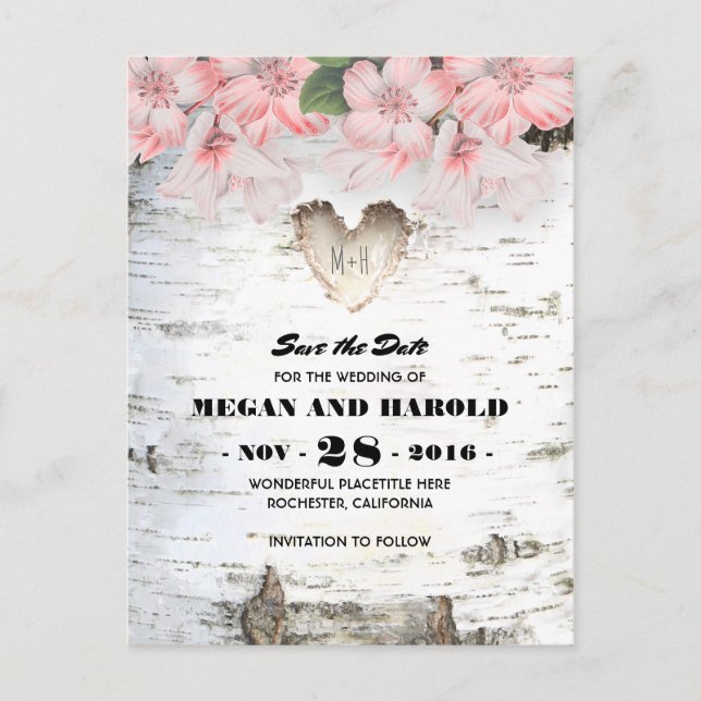 Birch Heart Rustic Country Save the Date Announcement Postcard (Front)