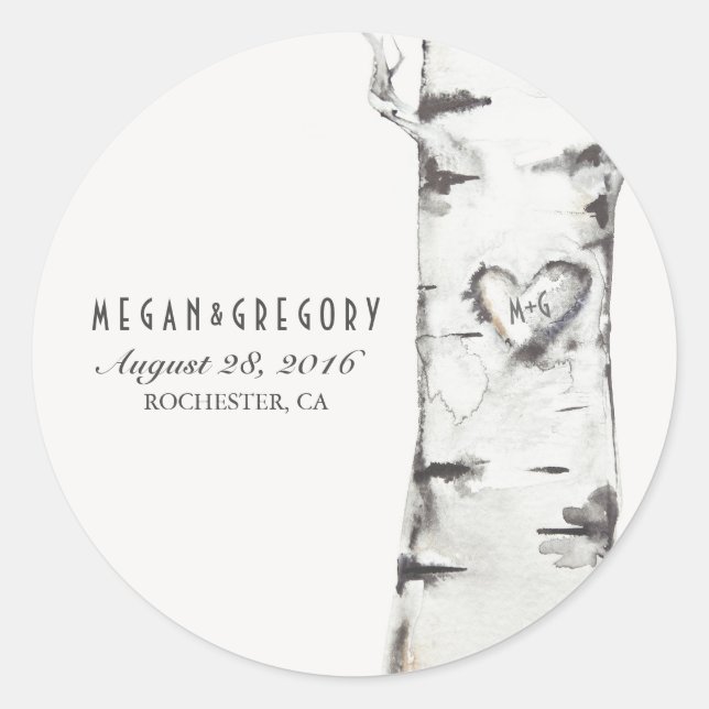 Birch Heart Rustic Wedding Classic Round Sticker (Front)