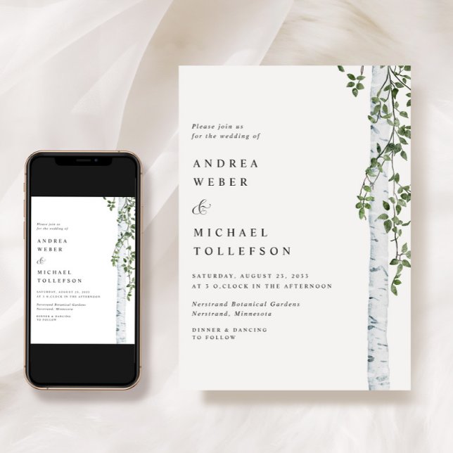 Birch Tree Aspen Greenery Wedding Invitation (Simple Birch Tree Wedding Invitation - Aspen Leaves - Foliage Greenery Woodsy Elegant Boho)