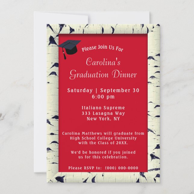 Birch Tree Bark Frame Red Dinner Cap Graduation Invitation (Front)