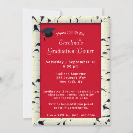 Birch Tree Bark Frame Red Dinner Cap Graduation Invitation