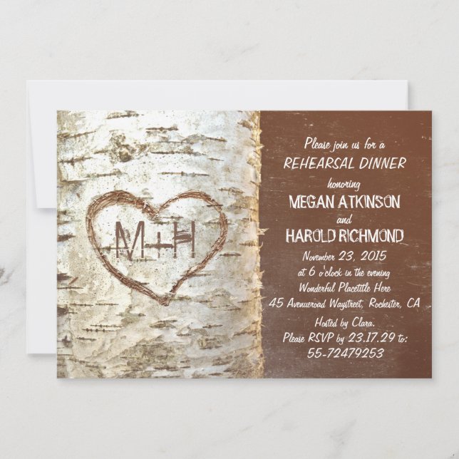 Birch tree bark heart rustic rehearsal dinner invitation (Front)