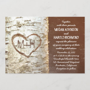Birch tree bark heart rustic wedding invitations