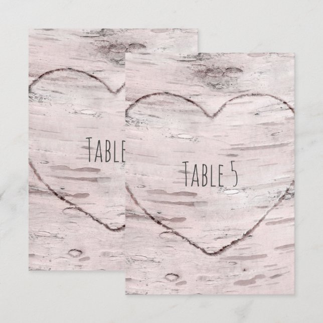 Birch Tree & Carved Heart Rustic Numéro de table (Devant / Derrière)