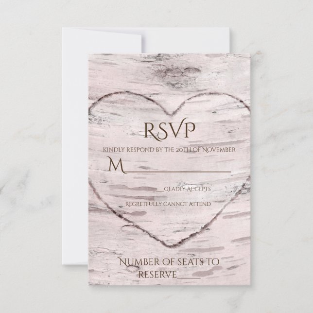 Birch Tree & Coeur sculpté Mariage rustique RSVP (Devant)