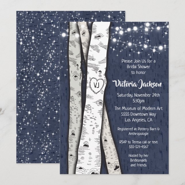 Birch Tree Evening Twinkle Lights Bridal Shower Invitation (Front/Back)