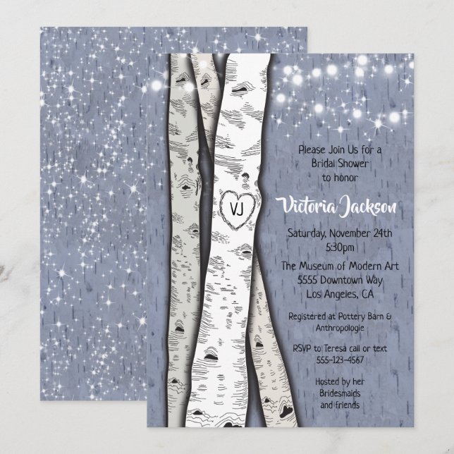 Birch Tree Evening Twinkle Lights Bridal Shower Invitation (Front/Back)