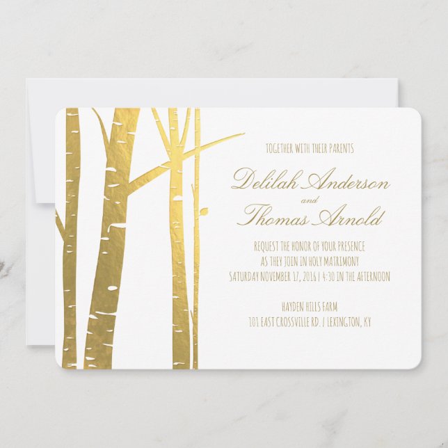 Birch Tree Faux Gold Foil Wedding Invitation (Front)