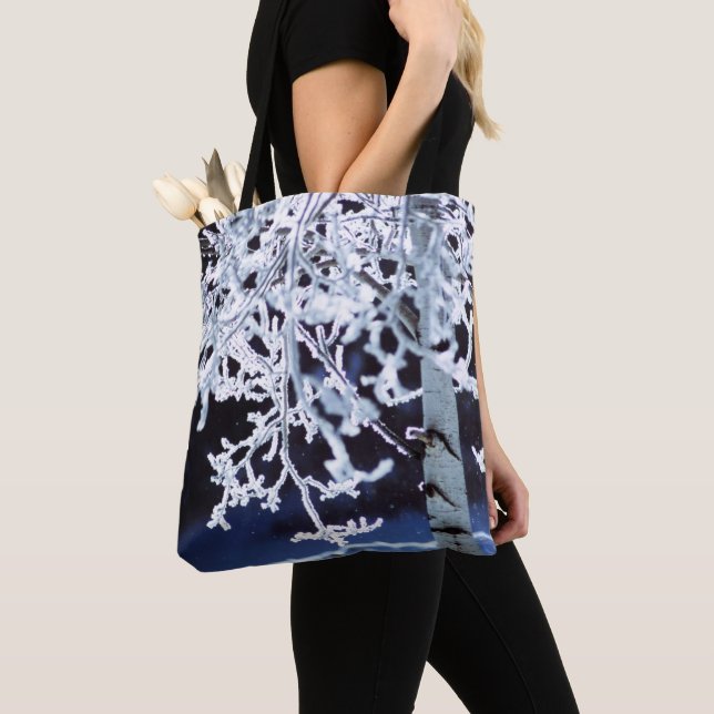 Birch tree frosty branches snowflake purse tote bag (Close Up)