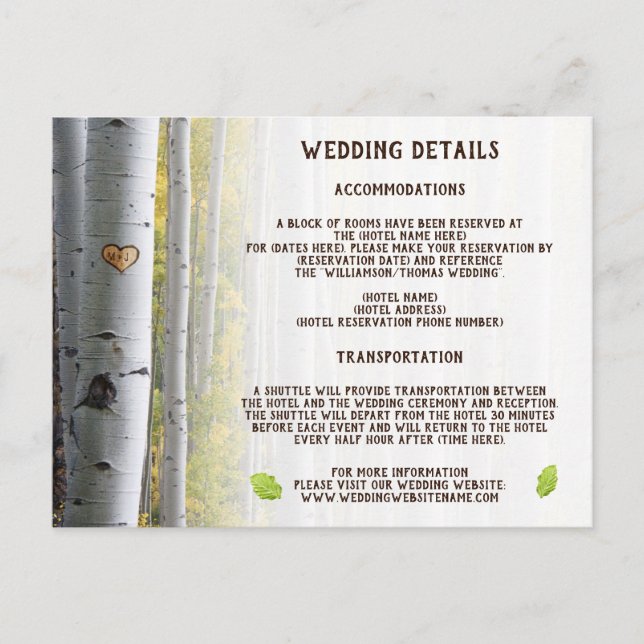 Birch tree heart initials rustic wedding details invitation postcard (Front)