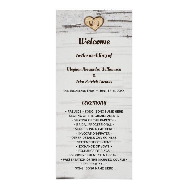 Birch tree heart initials rustic wedding program (Front)