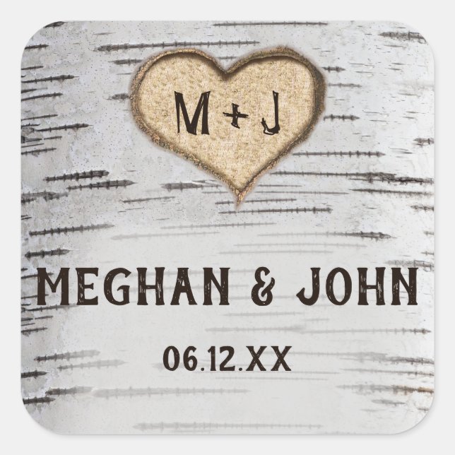 Birch tree heart initials rustic wedding sticker (Front)