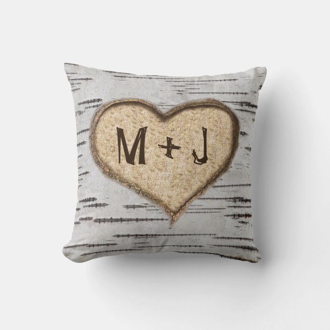 Birch tree heart initials rustic wedding throw pillow (Front)