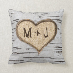 Birch tree heart initials rustic wedding throw pillow