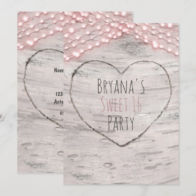 Birch Tree Heart & Pink Lights Sweet 16 Invitation (Devant / Derrière)