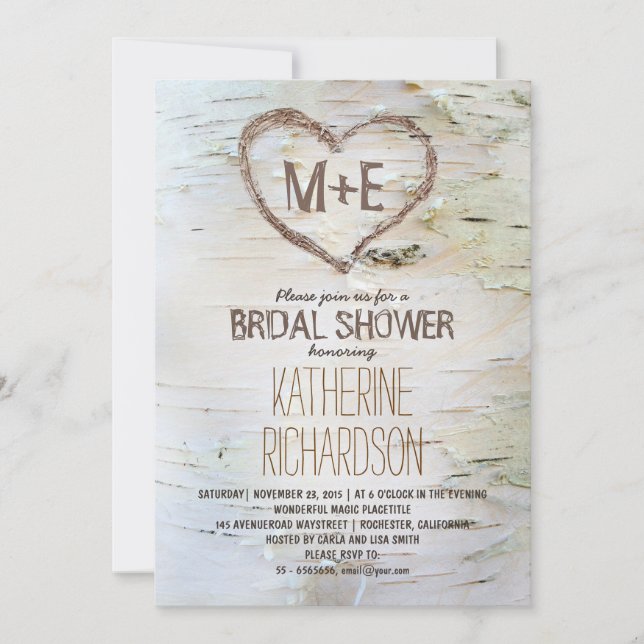 Birch tree heart rustic bridal shower invites (Front)