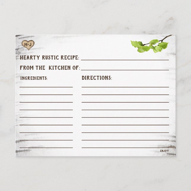 Birch tree heart rustic bridal shower recipe card (Front)