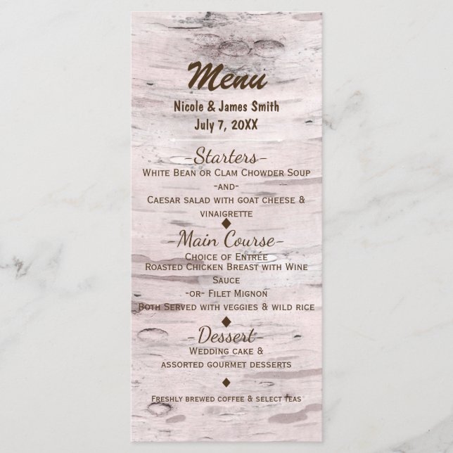 Birch Tree & Heart Rustic Wedding Menu Card (Front)
