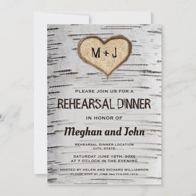 Birch tree heart rustic wedding rehearsal invite (Front)