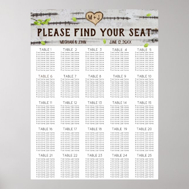 Birch tree heart rustic wedding seating chart (Front)