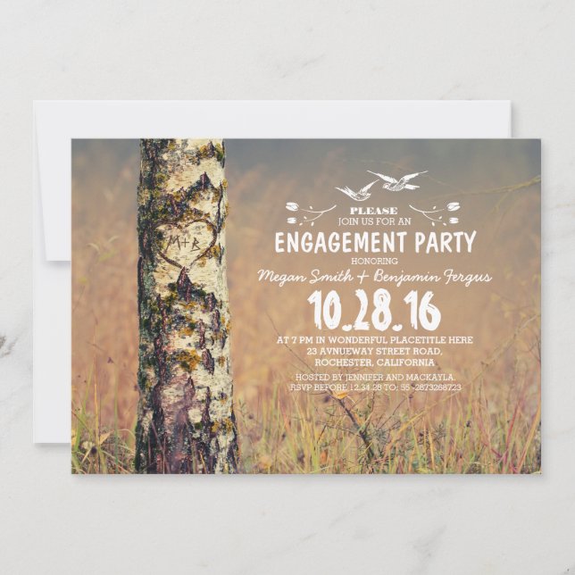 Birch tree & love heart rustic engagement party invitation (Front)