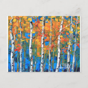 Birch Tree Painting, Blue Birch, Fall textured Art Postcard