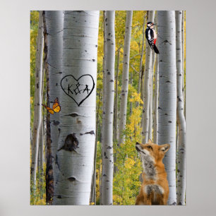 Birch Tree Rustic Personalized Carved with Fox Poster