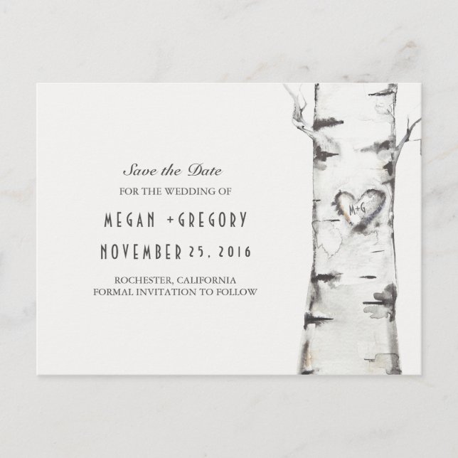 birch tree rustic wood heart save the date announcement postcard (Front)