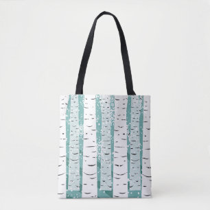 Birch tree snowflake winter striped teal white tote bag