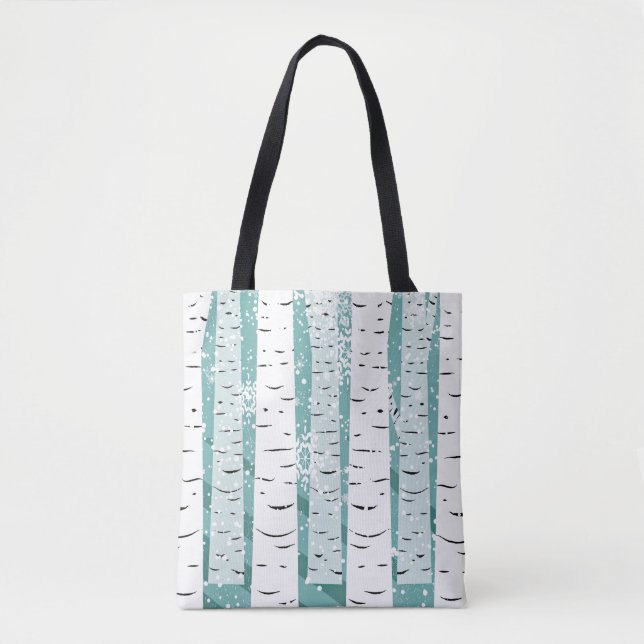 Birch tree snowflake winter striped teal white tote bag (Front)
