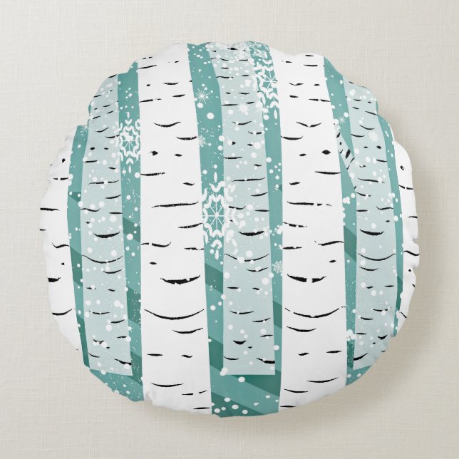 Birch tree snowflake winter woodland striped teal round pillow (Front)