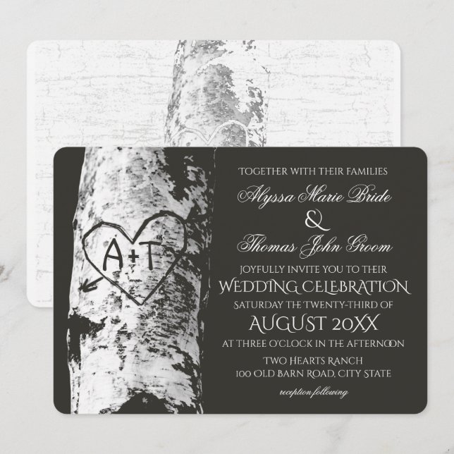 Birch Tree Wedding with Carved Heart Inititials Invitation (Front/Back)
