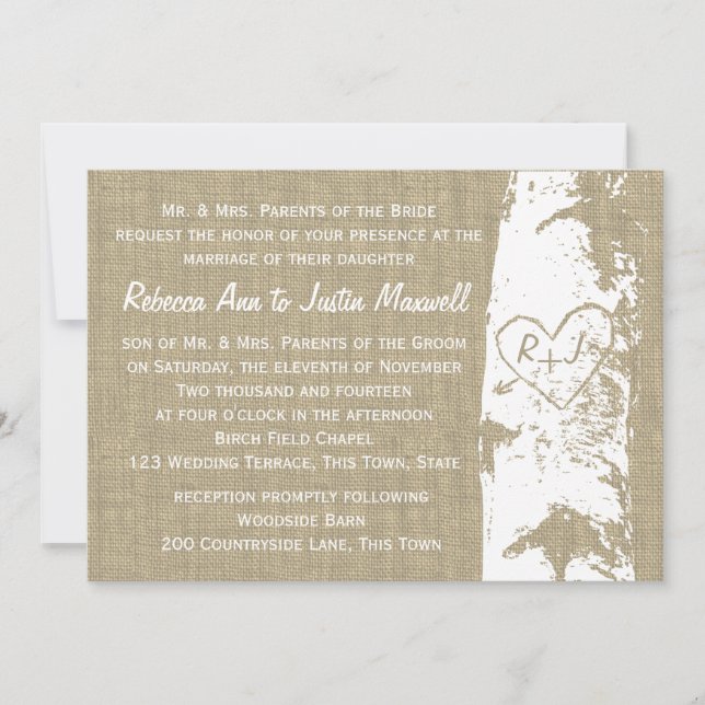 Birch Tree with Carved Heart and Initials Invitation (Front)