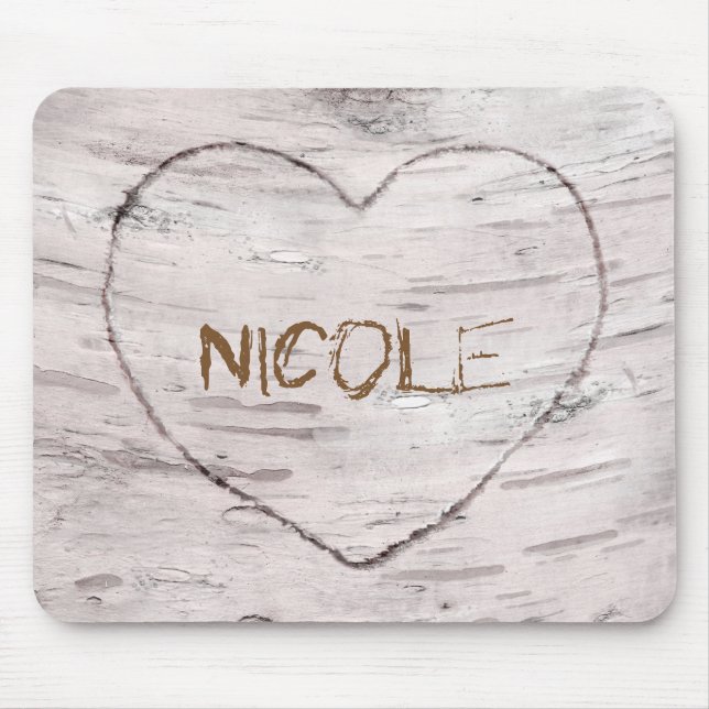 Birch Tree Wood & Carved Heart Rustic Country Mouse Pad (Front)