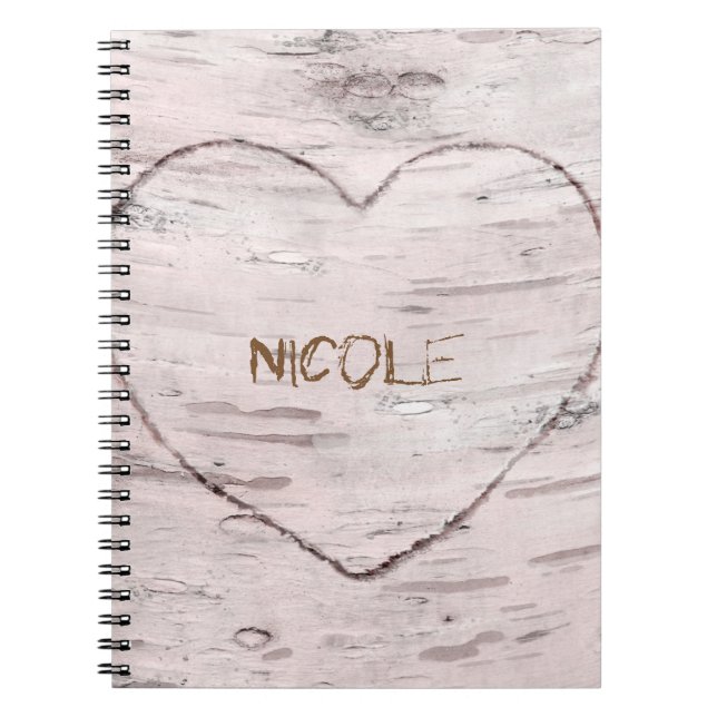 Birch Tree Wood & Heart Rustic Personalized Notebook (Front)