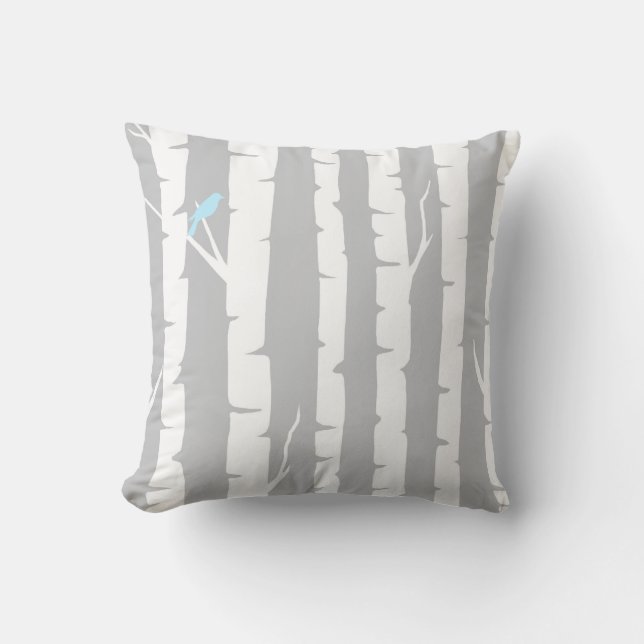Birch Trees and Blue Birds Throw Pillow (Front)
