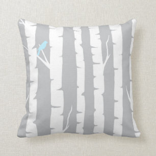 Birch Trees and Blue Birds Throw Pillow