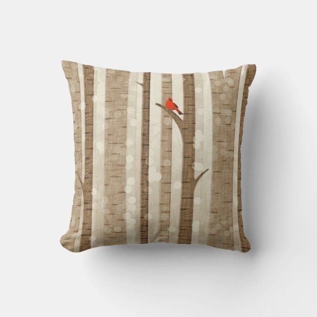 Birch trees and Cardinal Throw Pillow (Front)