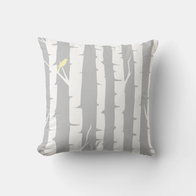Birch Trees and Yellow Birds Throw Pillow (Front)