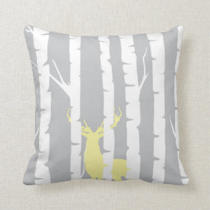 Birch Trees and Yellow Deer Throw Pillow