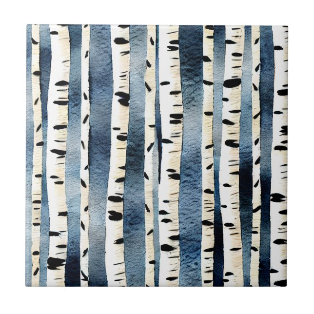Birch trees blue white black seamless pattern chic tile (Front)