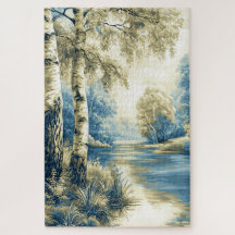 Birch Trees by the Riverside, Stylized Landscape