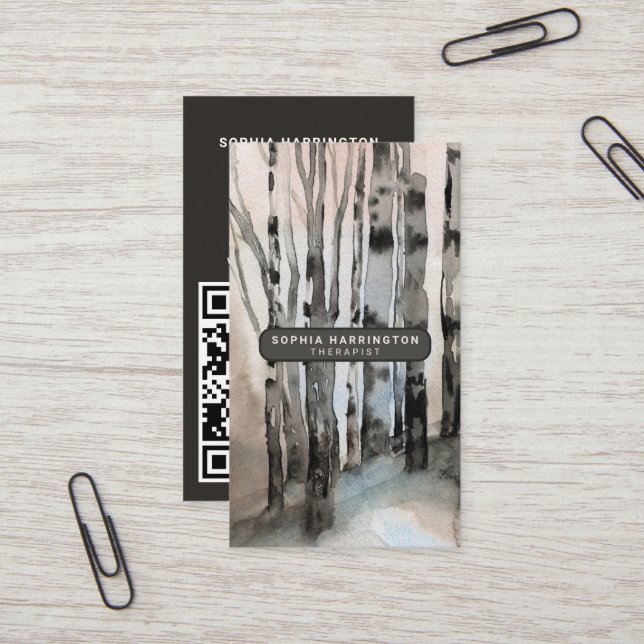 Birch Trees Custom QR Code Scannable Therapist Business Card (Front/Back In Situ)