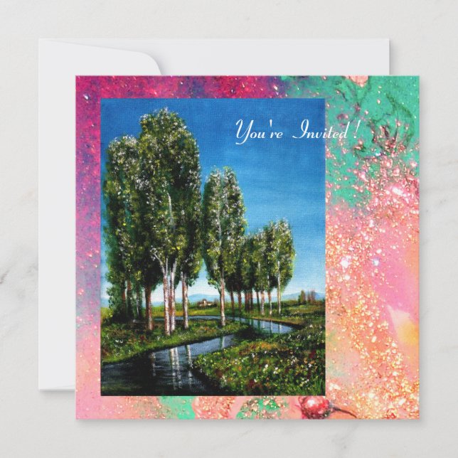 BIRCH TREES IN TUSCANY, pink green gold sparkles Invitation (Front)