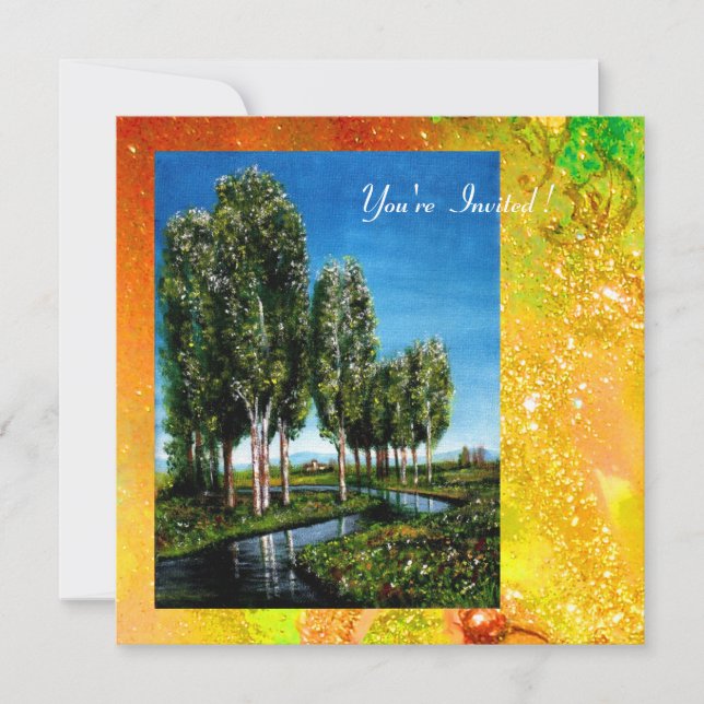 BIRCH TREES IN TUSCANY,yellow green gold sparkles Invitation (Front)