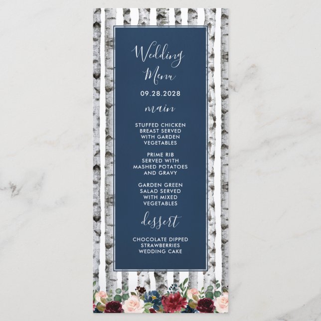 Birch Trees Navy Blue Burgundy Wedding Menu Cards (Front)