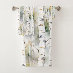 Birch trees pattern green bath towel set