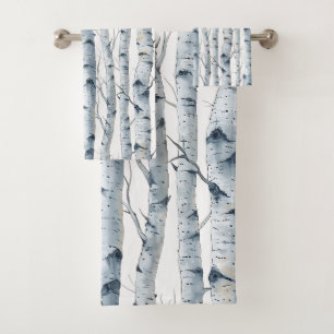 Birch trees pattern grey white bath towel set